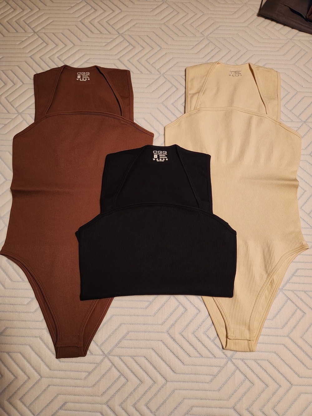 Ribbed Scoop Neck Bodysuit Trio - Brown, Black, Cream